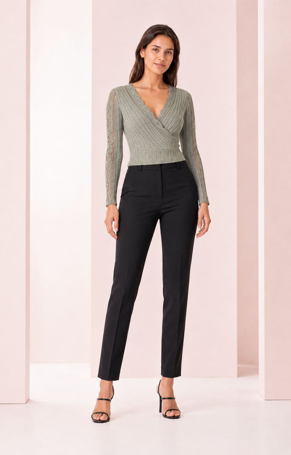 Blusa Escote Cruzado con Encaje Verde Salvia