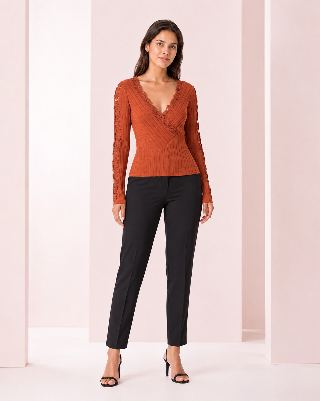 Blusa Escote Cruzado con Encaje Terracota