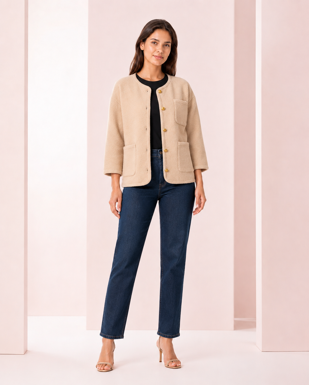 Chaqueta Bouclé Beige Arena con Botones Dorados