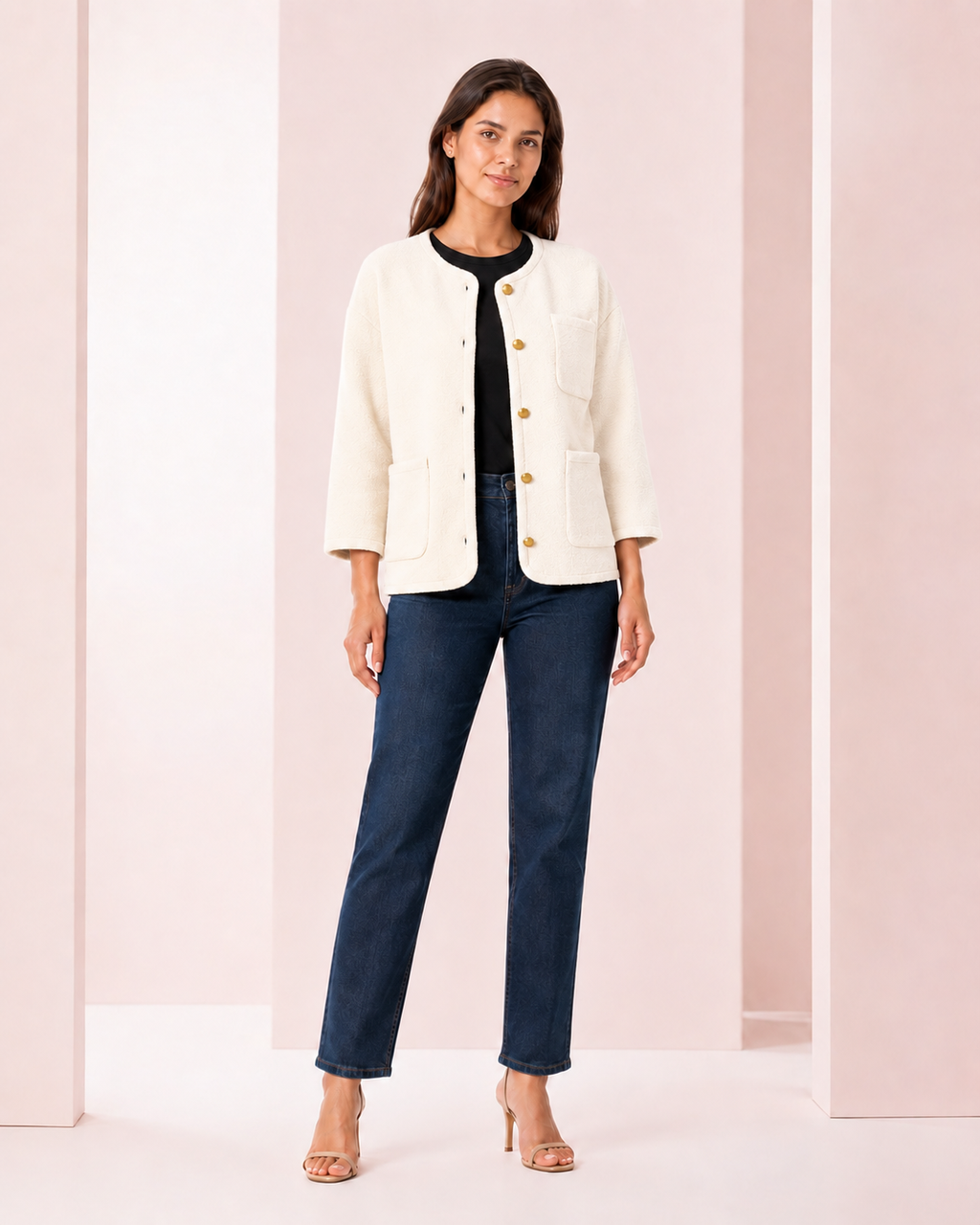 Chaqueta Bouclé Marfil con Botones Dorados